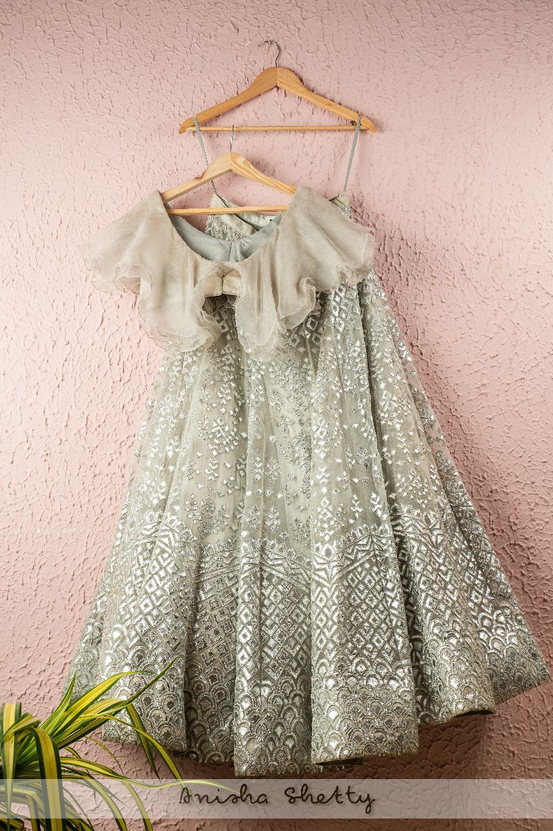 POWDER GRAY BLUE APPLIQUE LEATHER BRIDAL LEHENGA SET