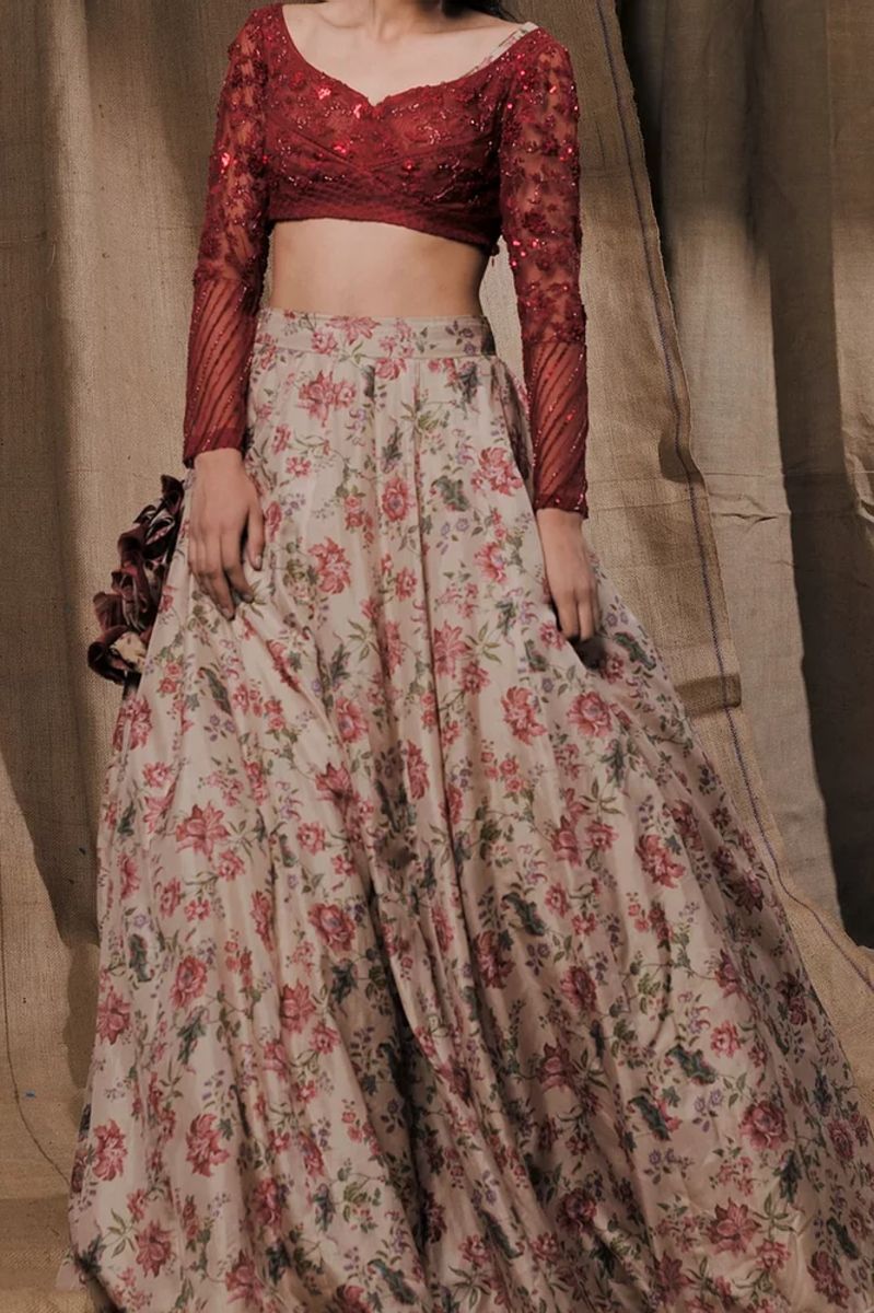 BEIGE FLORAL LEHENGA SET