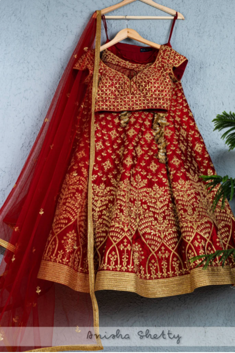 DEEP RED GOTA PATTI RAW SILK BRIDAL LEHENGA SET