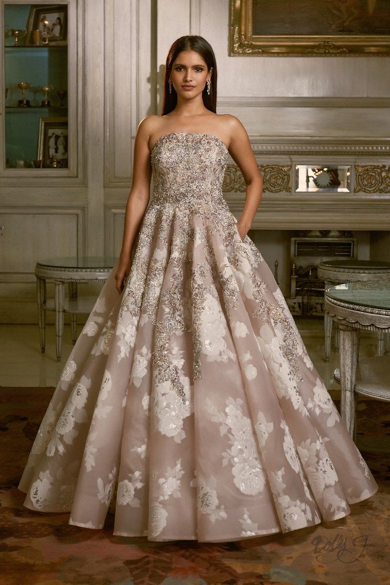 MILIKA JACQUARD ORGANZA SILVER GOWN  