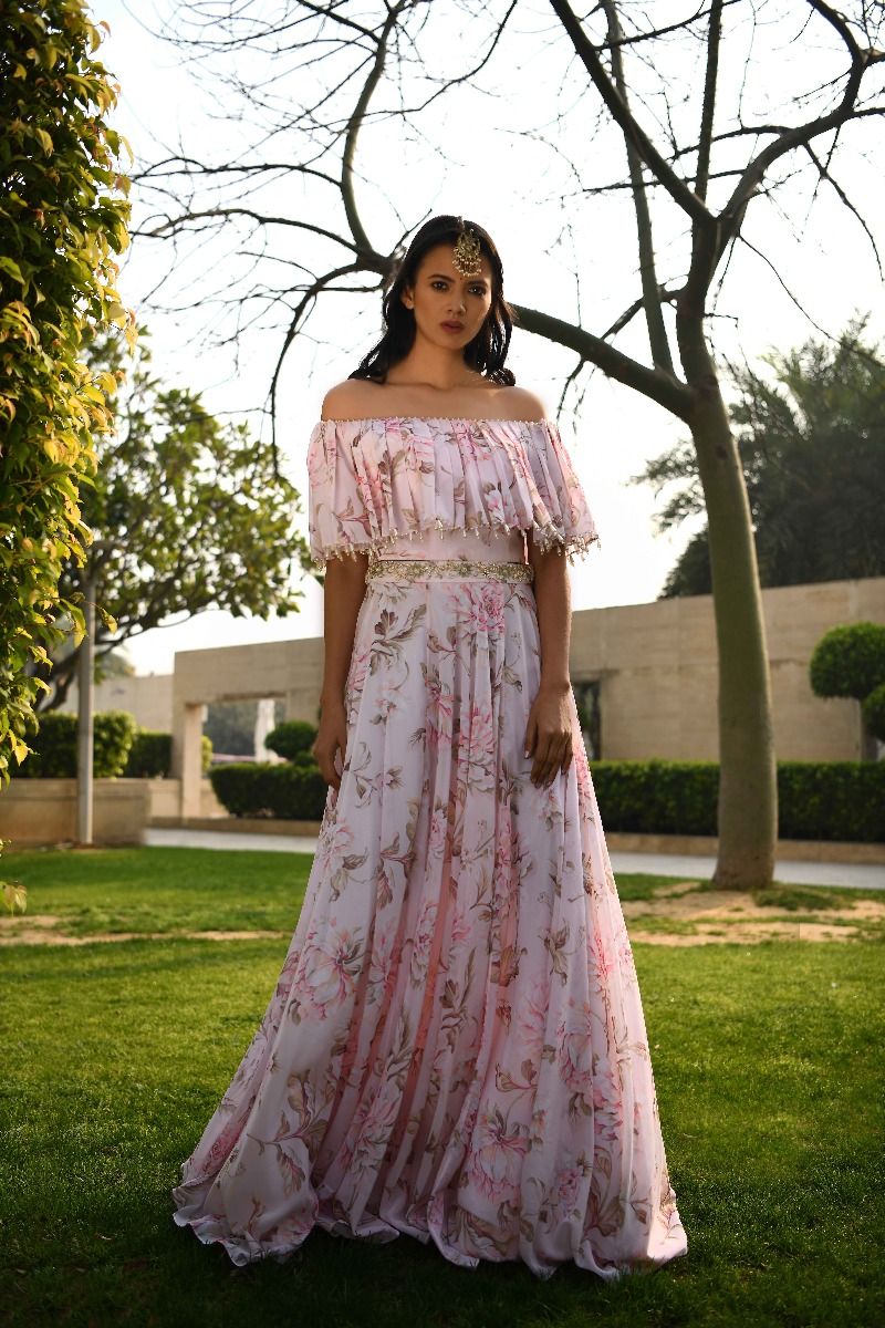 PINK EMBROIDERED CROP TOP AND SKIRT SET