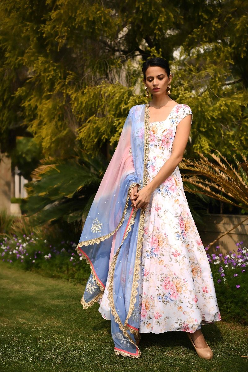 IVORY PRINTED ANARKALI WITH SHADED DUPATTA