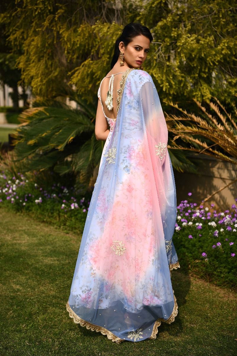 IVORY PRINTED ANARKALI WITH SHADED DUPATTA