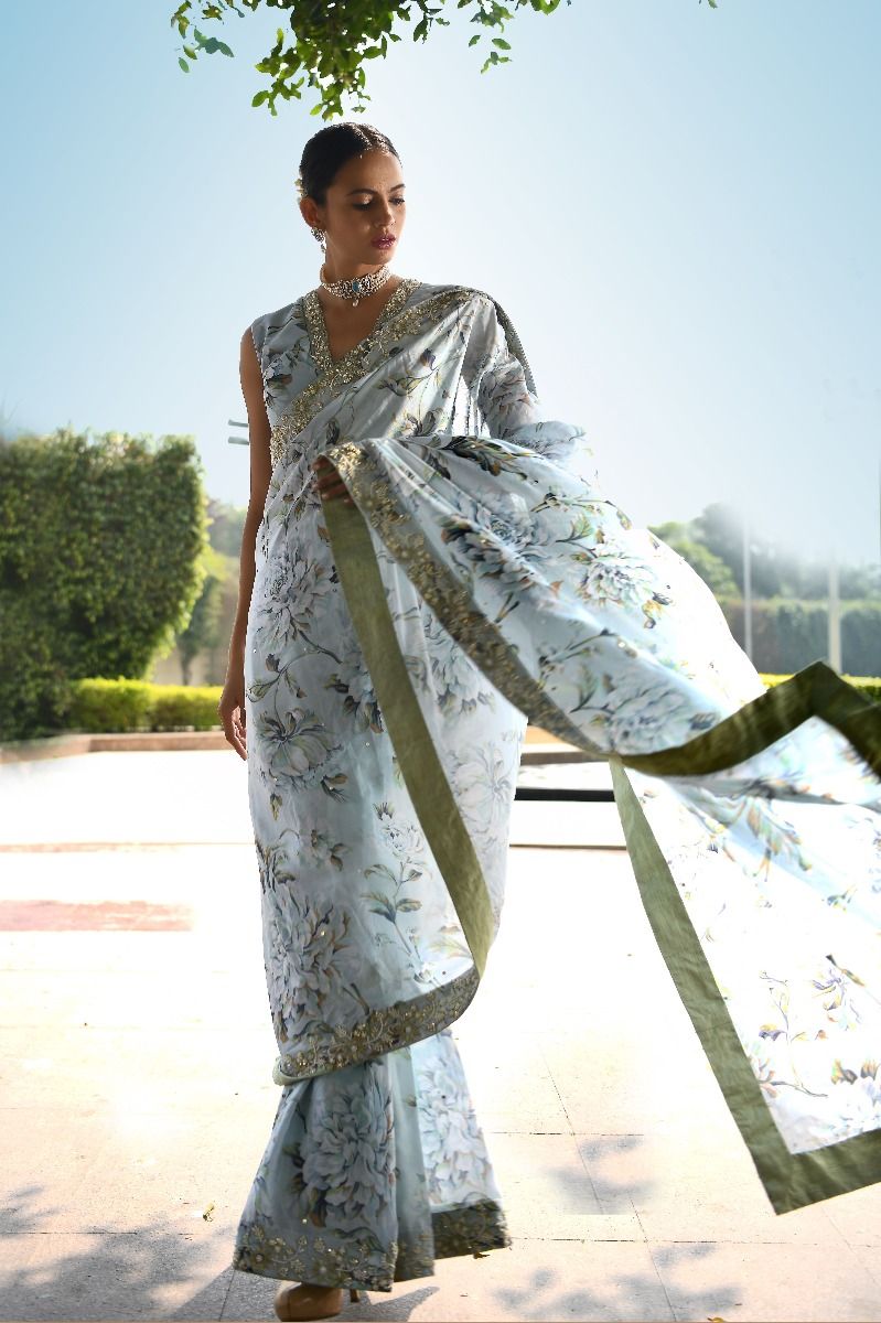 BLUE PRINTED SARI SET