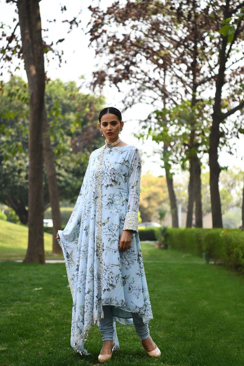 BLUE FLORAL PRINTED ANARKALI SET