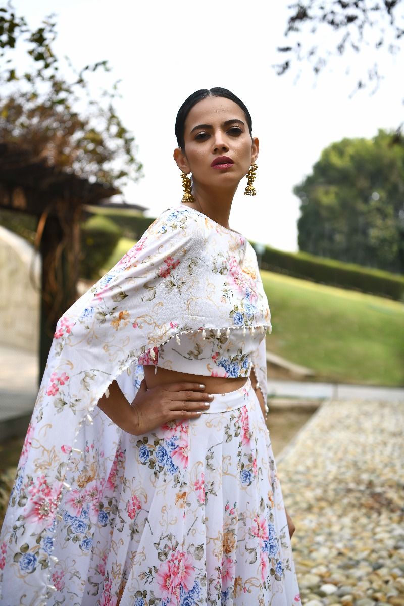 IVORY PRINTED CAPE LEHNGA SET