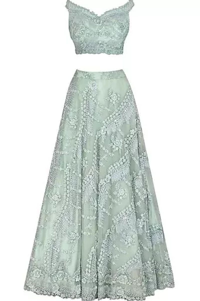 MINT GREEN EMBROIDERED NET LEHENGA SET