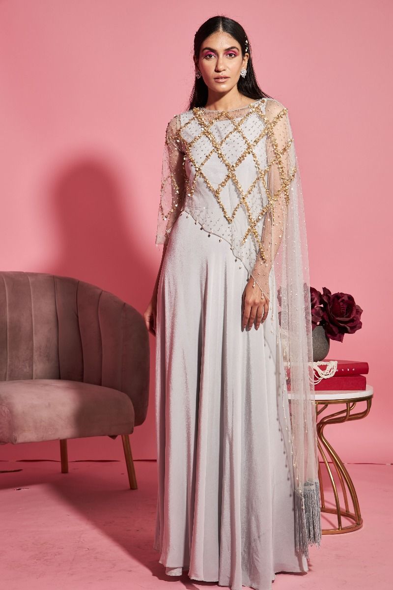 GREY GOWN WITH ASYMMETRICAL CAPE
