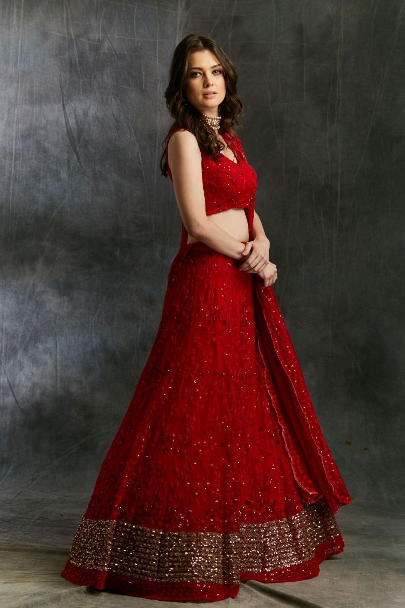 RED SEQUIN EMBROIDERED LEHENGA SET