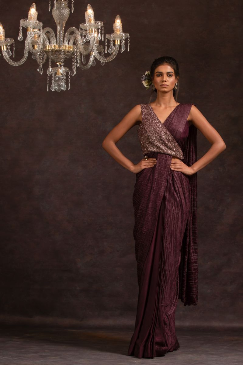WINE SATIN SAREE WITH BLOUSE