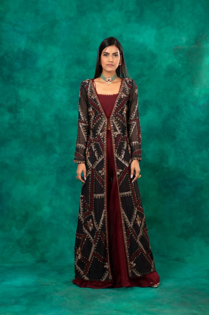 BLACK & MAROON EMBROIDERED KURTA SET