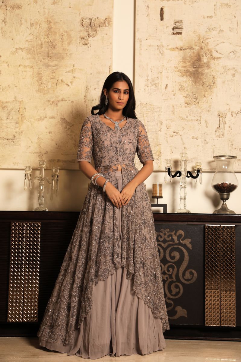 GREY EMBROIDERED JACKET SET