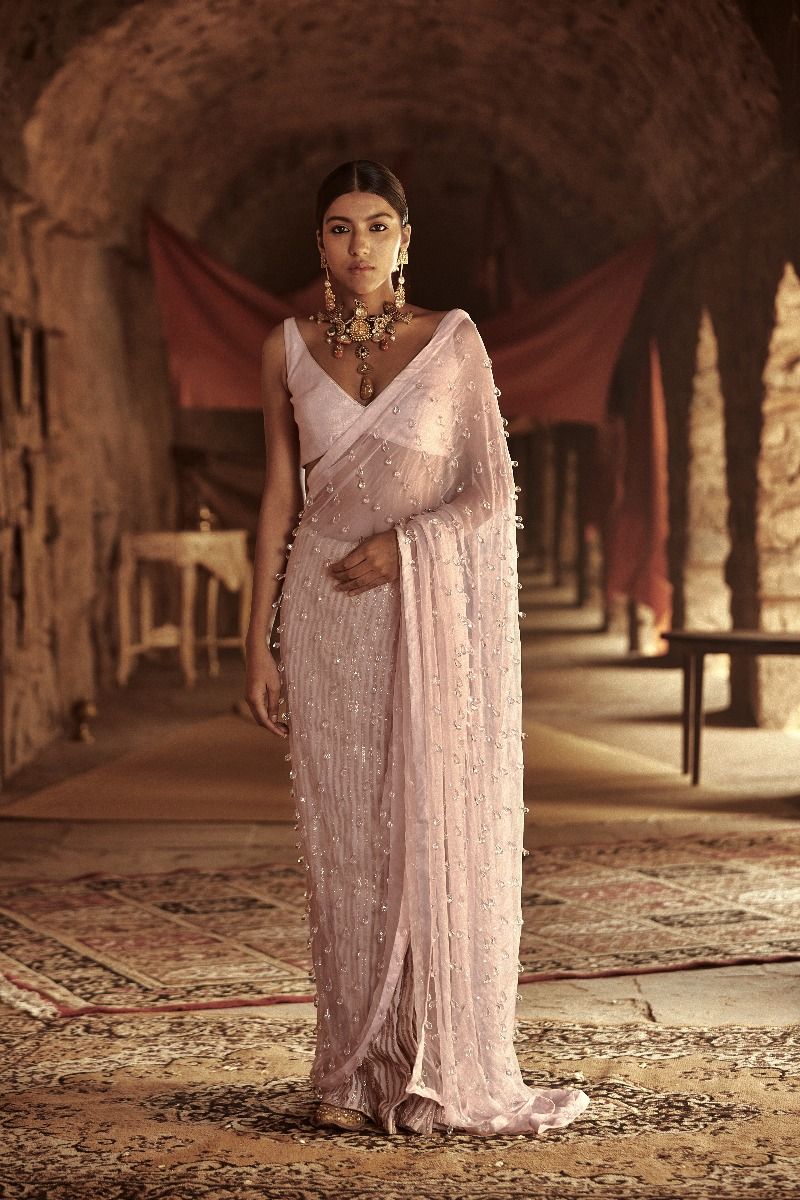 LIGHT PINK EMBELLISHED SAREE SET