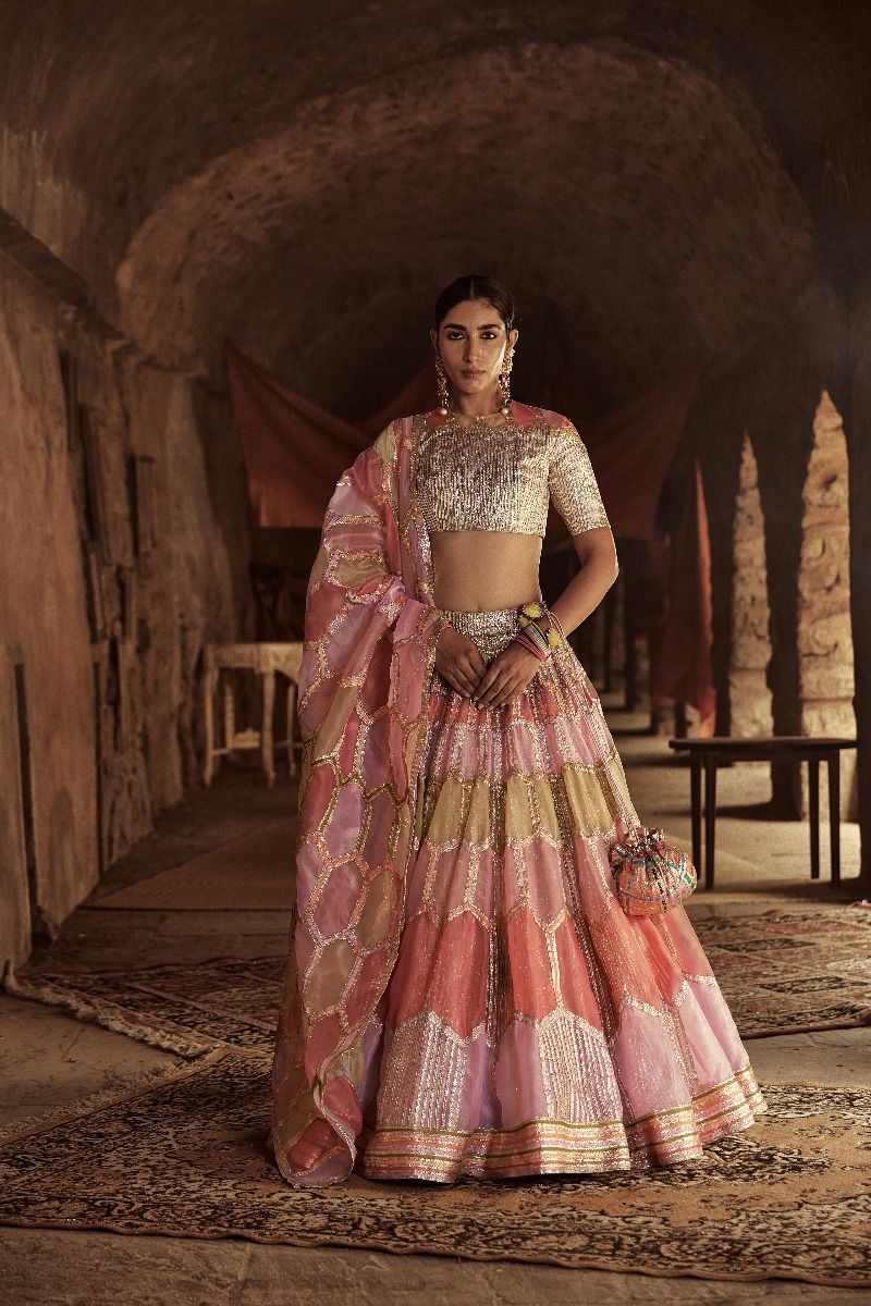 MULTI COLOURED HONEYCOMB PATTERNED LEHNGA 