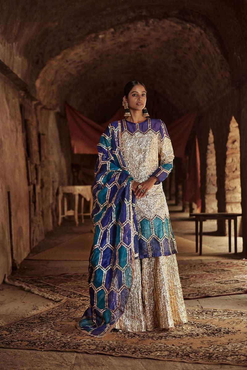 PEACOCK BLUE AND SILVER SHARARA SET