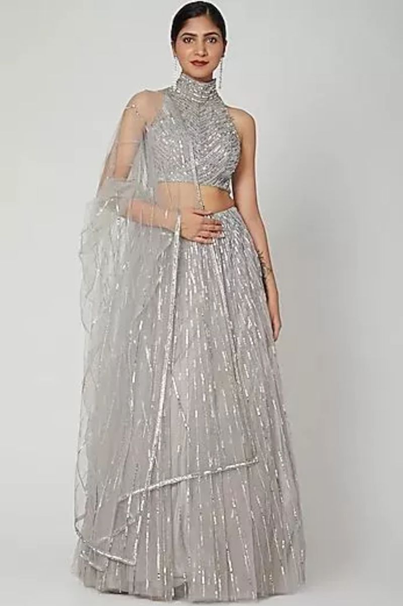 GREY SEQUINS EMBROIDERED LEHENGA SET