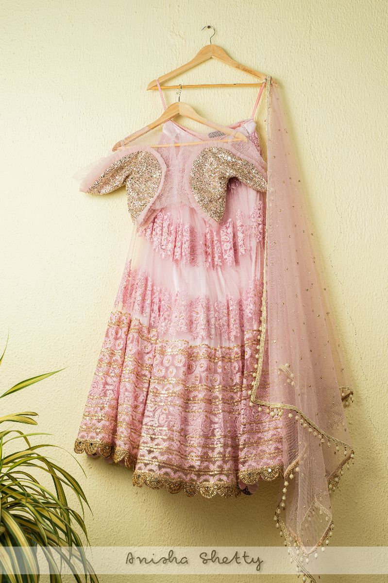 BLUSH PINK EMBROIDERED THREADWORK LEHENGA WITH ABLA & SEQENCE BLOUSE
