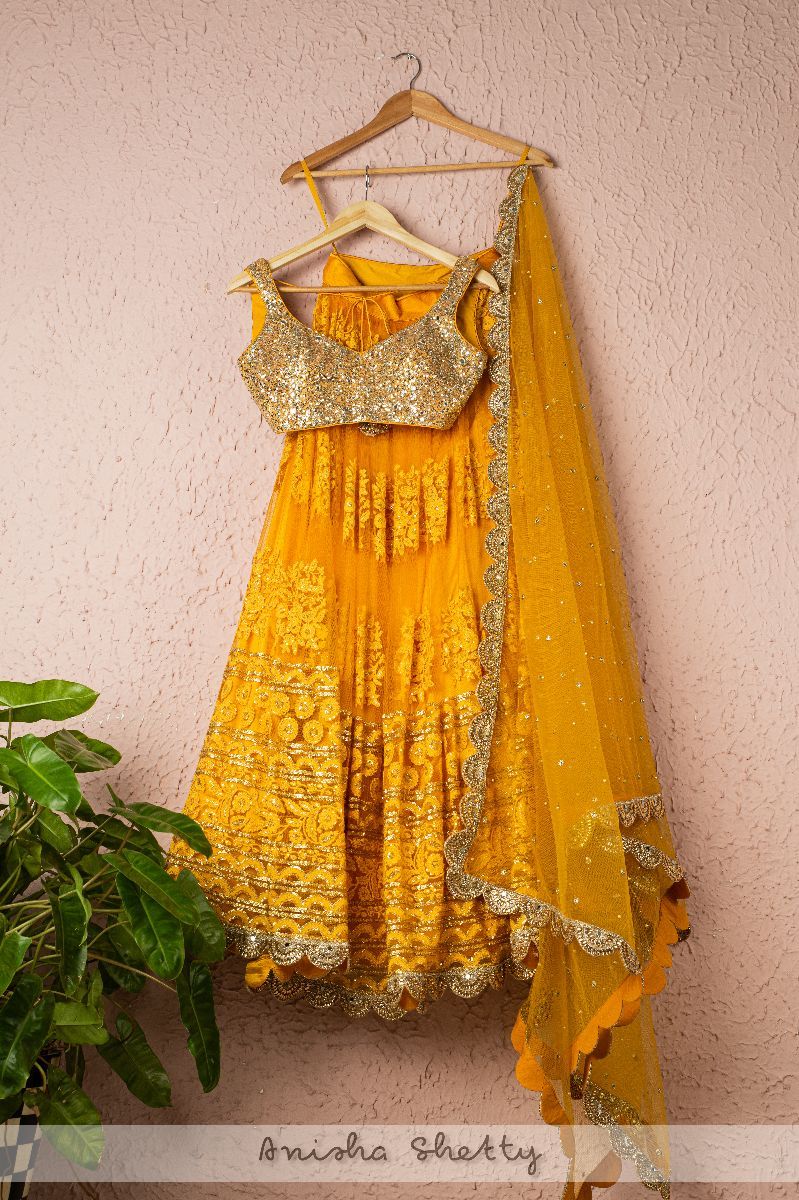 CLASSIC YELLOW EMBROIDERED THREADWORK LEHENGA WITH ABLA & SEQUENCE BLOUSE