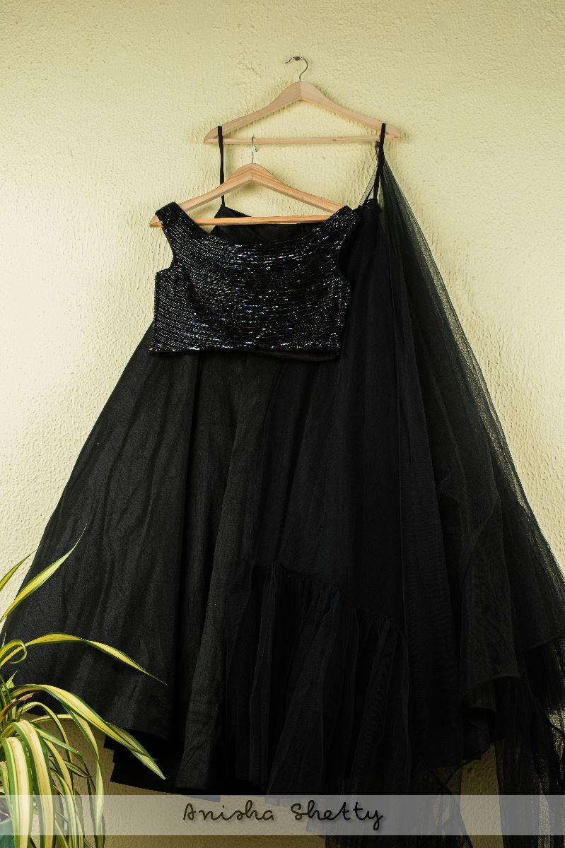 JADE BLACK LEHENGA WITH SEQUENCE BLOUSE AND FRILL DUPATTA