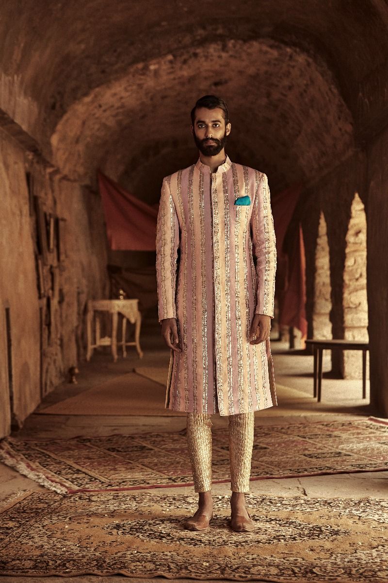 LINEN SHERWANI AND CHANDERI ORGANZA KURTA