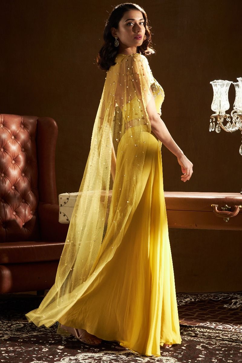 MUSTARD CROP TOP WITH FLARED SLEEVES AND PALAZZO