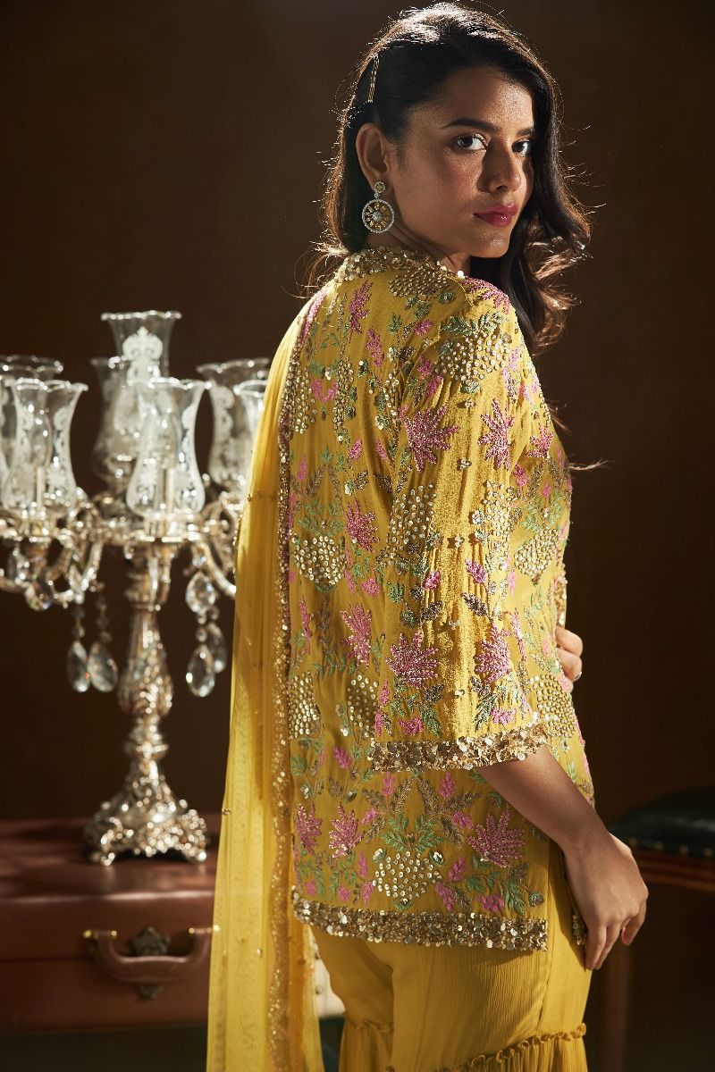 MUSTARD SHIRT WITH TIERED SHARARA AND CUTWORK DUPATTA