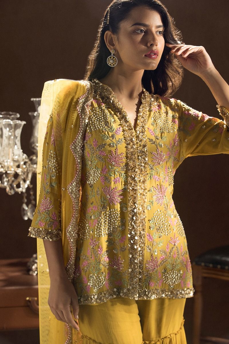 MUSTARD SHIRT WITH TIERED SHARARA AND CUTWORK DUPATTA