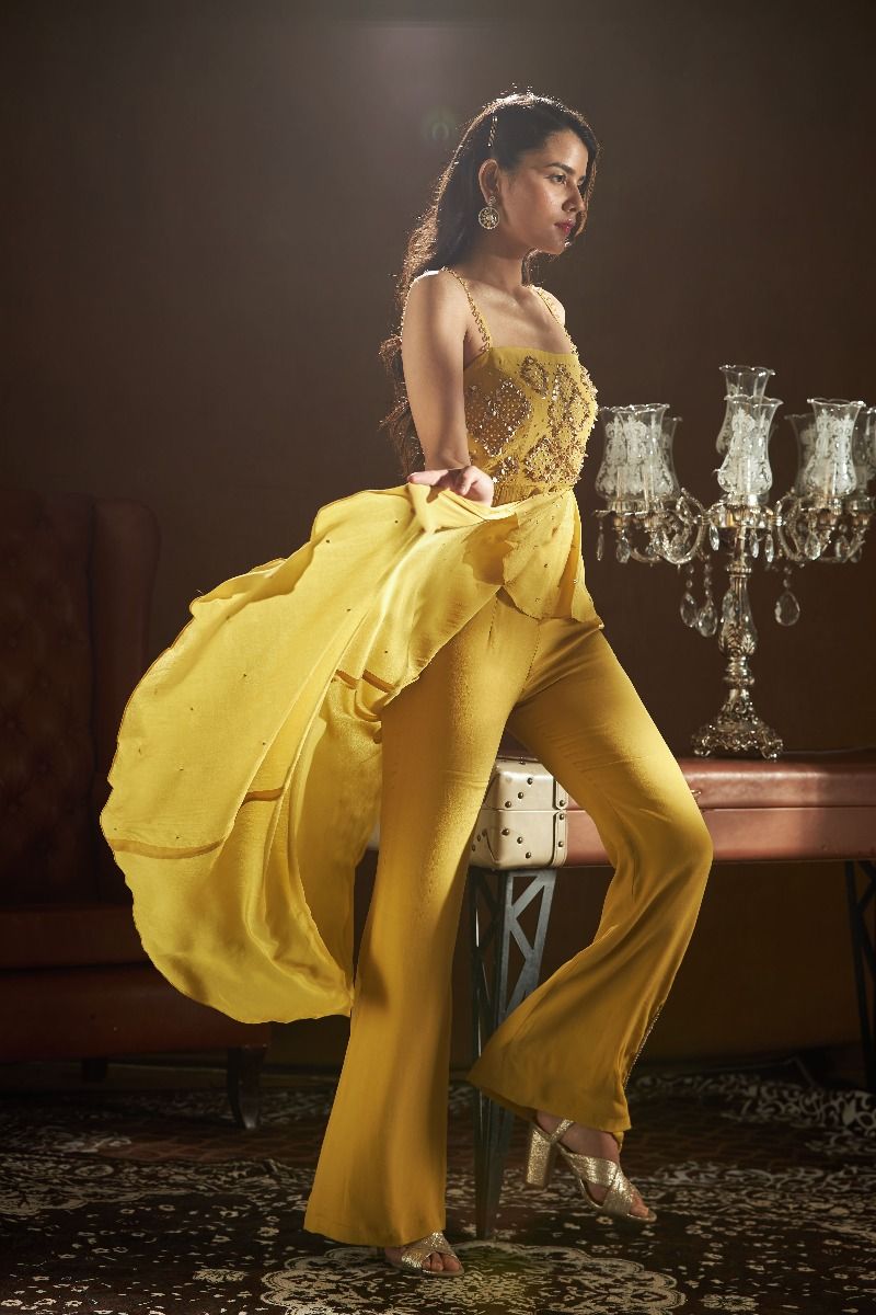 MUSTARD PLEATED TOP WITH BELL BOTTOM PANTS