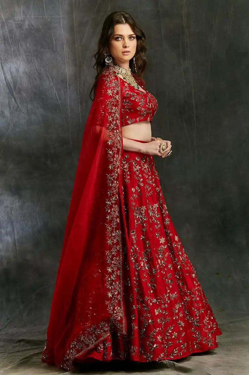 RED FLORAL ZARI LEHENGA
