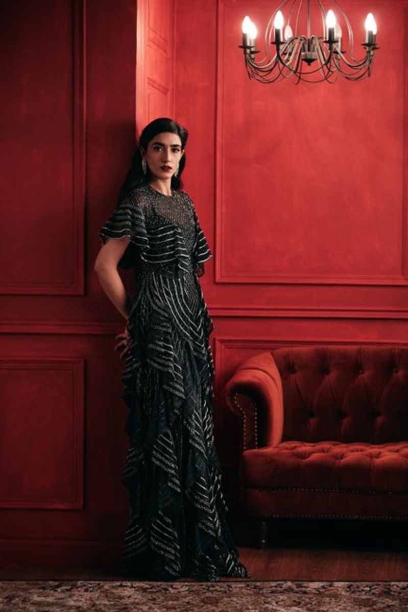 NAVY BLUE MULTI CASCADE GOWN