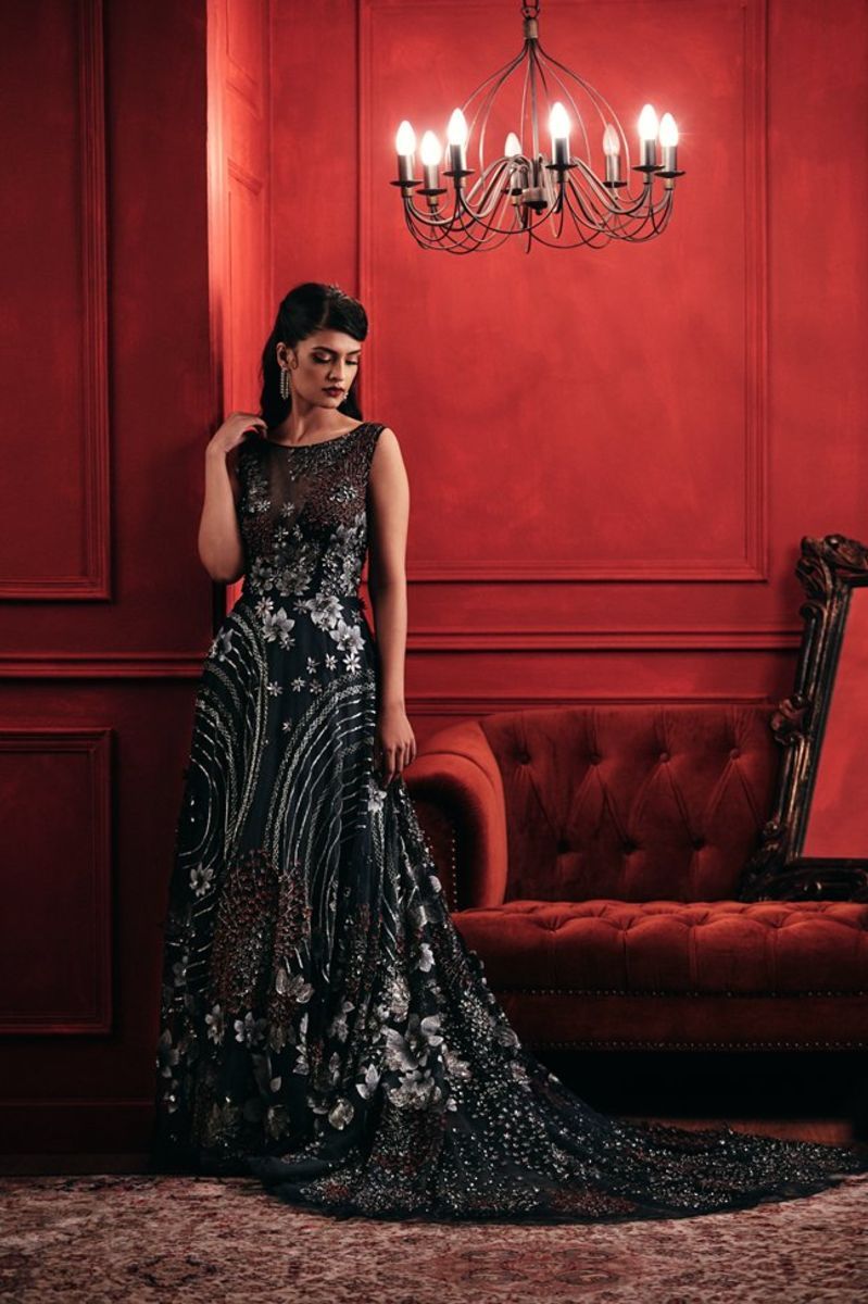 BLUE EMBELLISHED LONG TRAIN GOWN