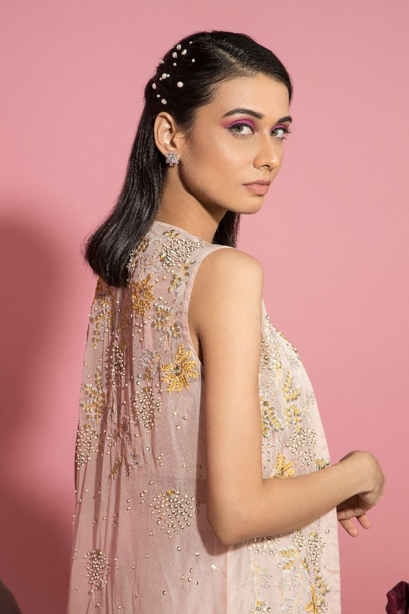 NUDE PINK BUSTIER CAPE AND DHOTI PANTS SET