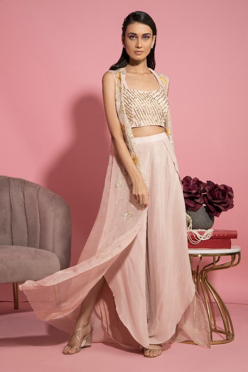NUDE PINK BUSTIER CAPE AND DHOTI PANTS SET