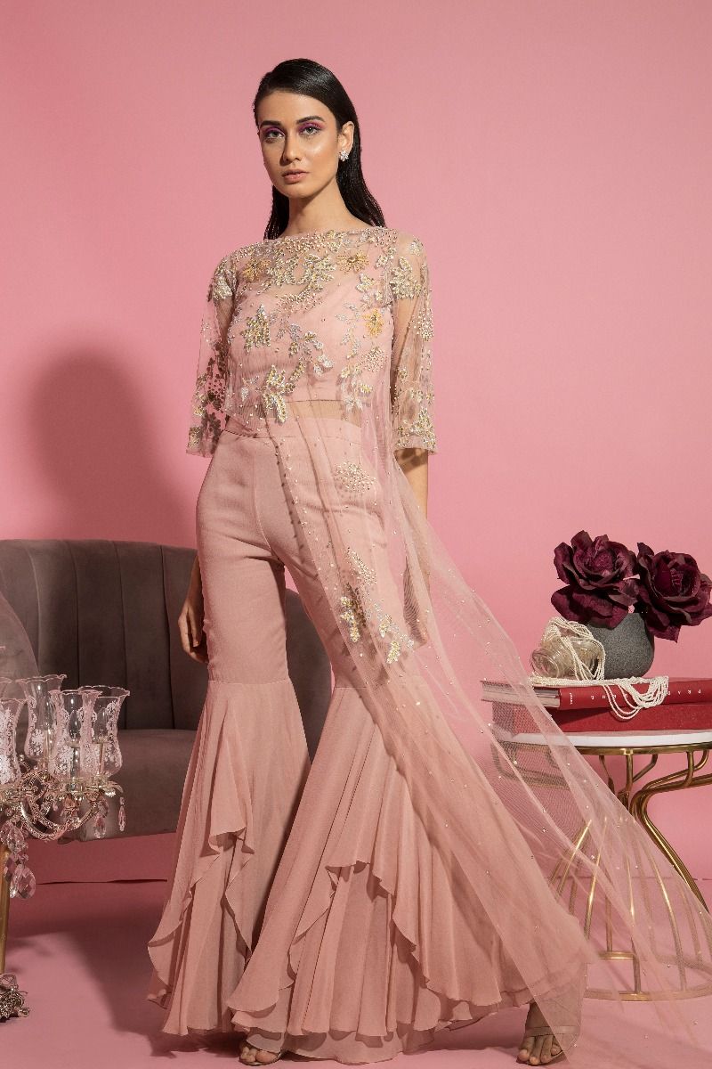 PINK CAPE, BUSTIER AND FLARED PANTS SET