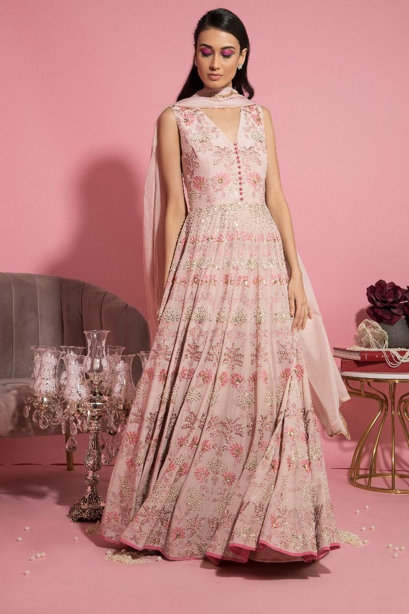 NUDE PINK RESHAM EMBROIDERED ANARKALI