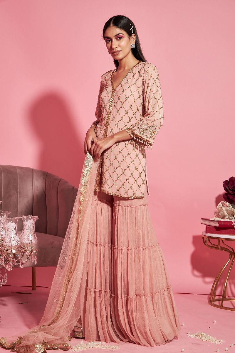 PINK SHIRT AND TIERED SHARARA SET