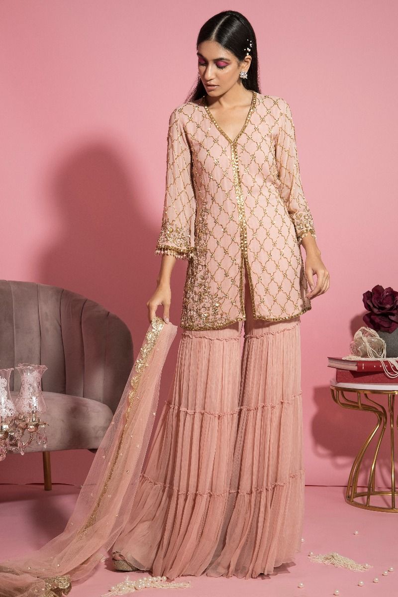 PINK SHIRT AND TIERED SHARARA SET
