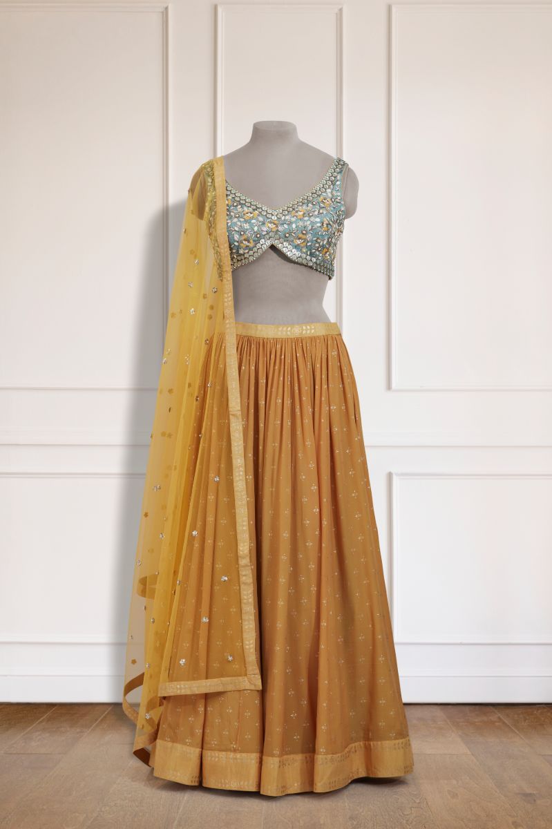 YELLOW PRINTED AND EMBROIDERED LEHENGA SET