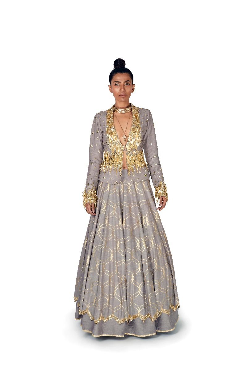 GREY EMBELLISHED JACKET AND LEHENGA SET