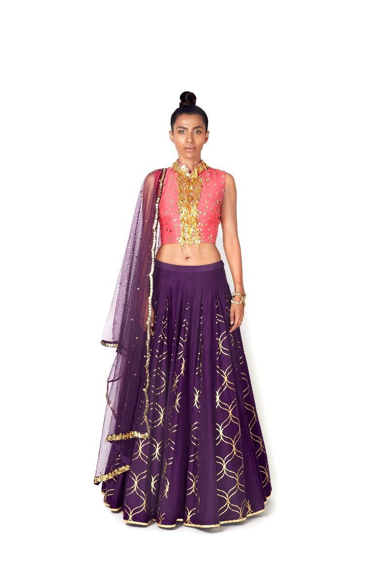 PURPLE AND RUST EMBROIDERED LEHENGA SET