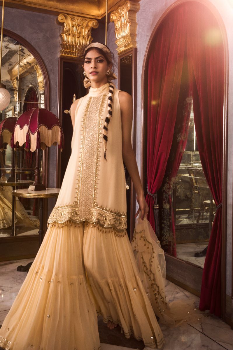 IVORY SHORT KURTA AND SHARARA SET