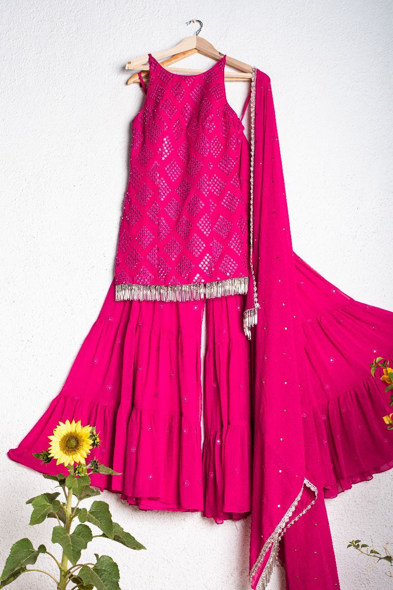 RASBERRY PINK ABLA MIRROR SHARARA SET