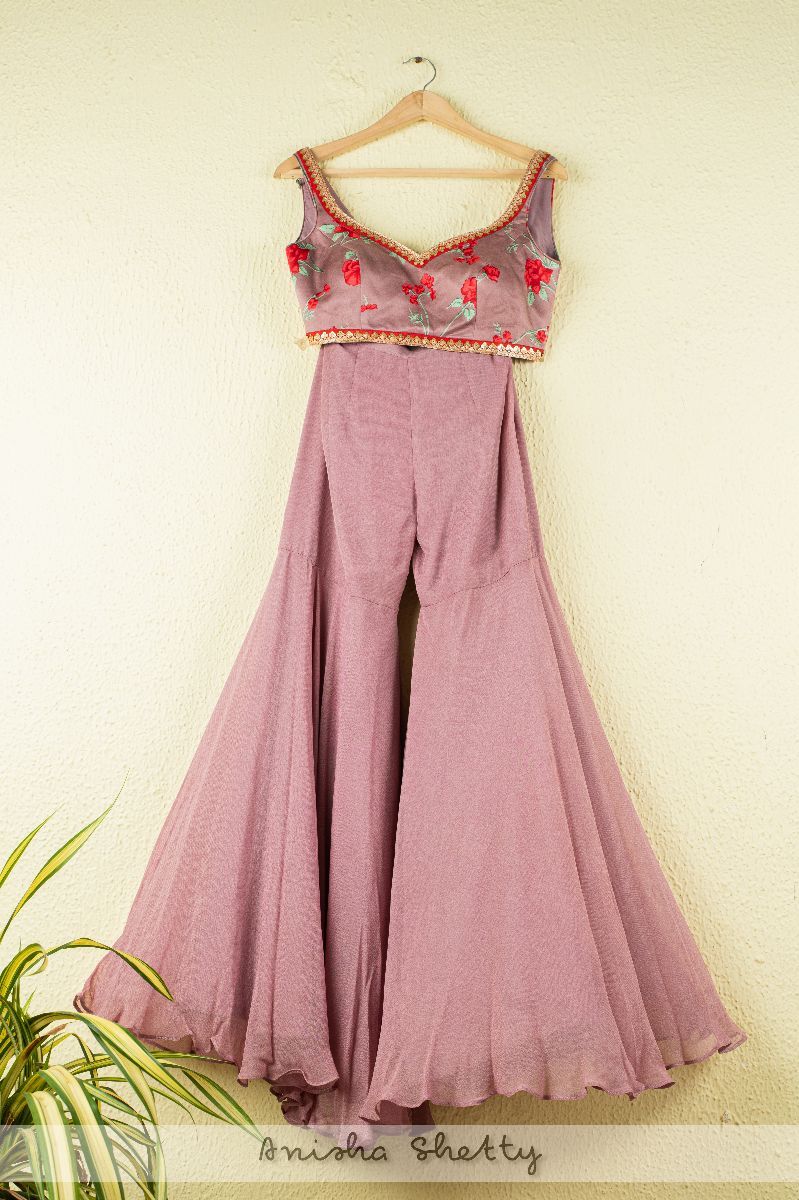 ONION PINK FLORAL CROP TOP WITH JACKET & SHARARA PANTS