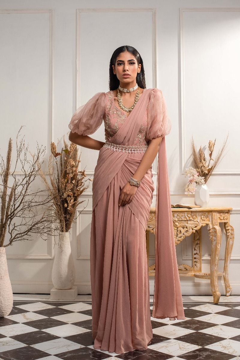 DUST PINK DRAPE SAREE SET