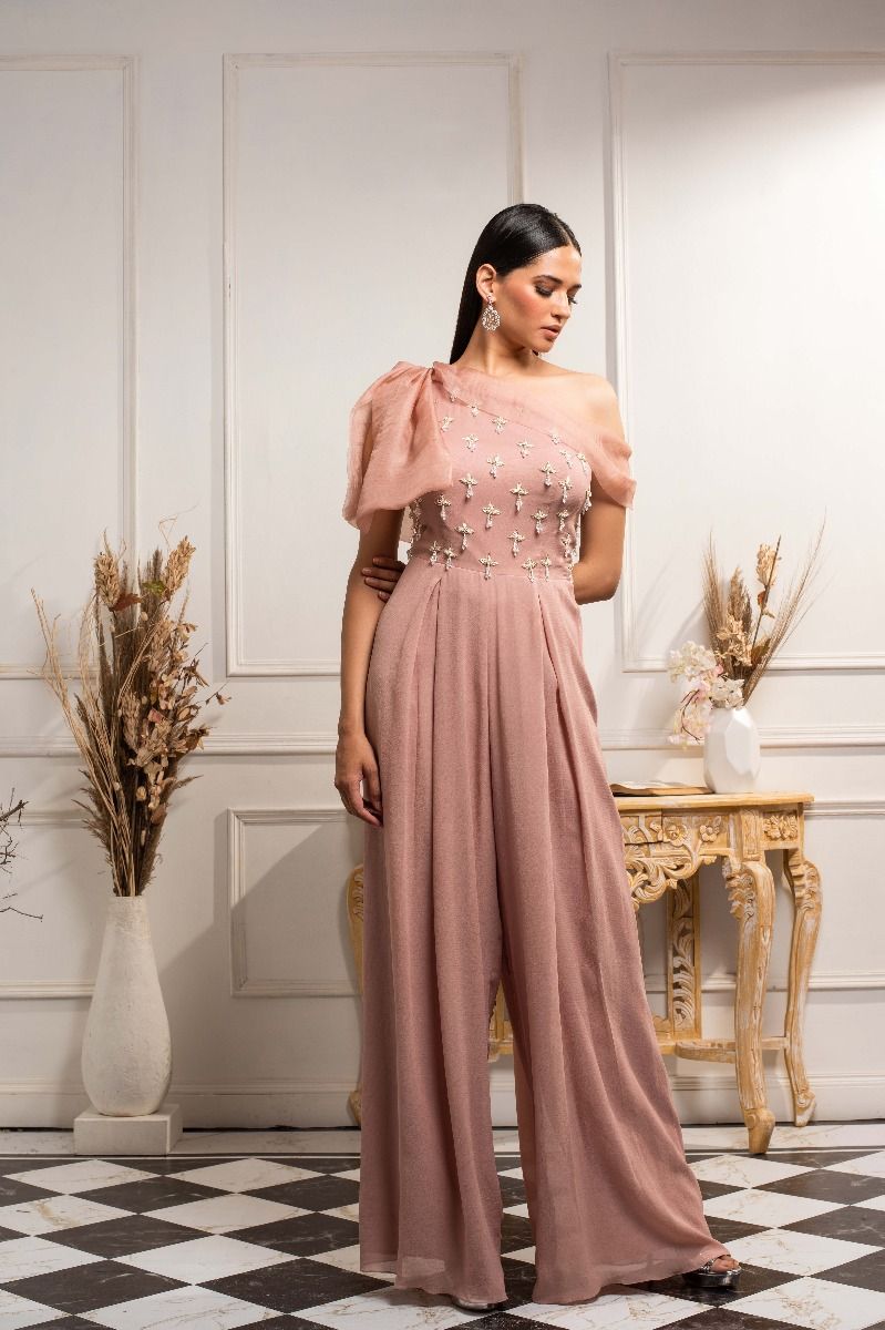 DUST PINK OFF SHOULDER JUMPSUIT