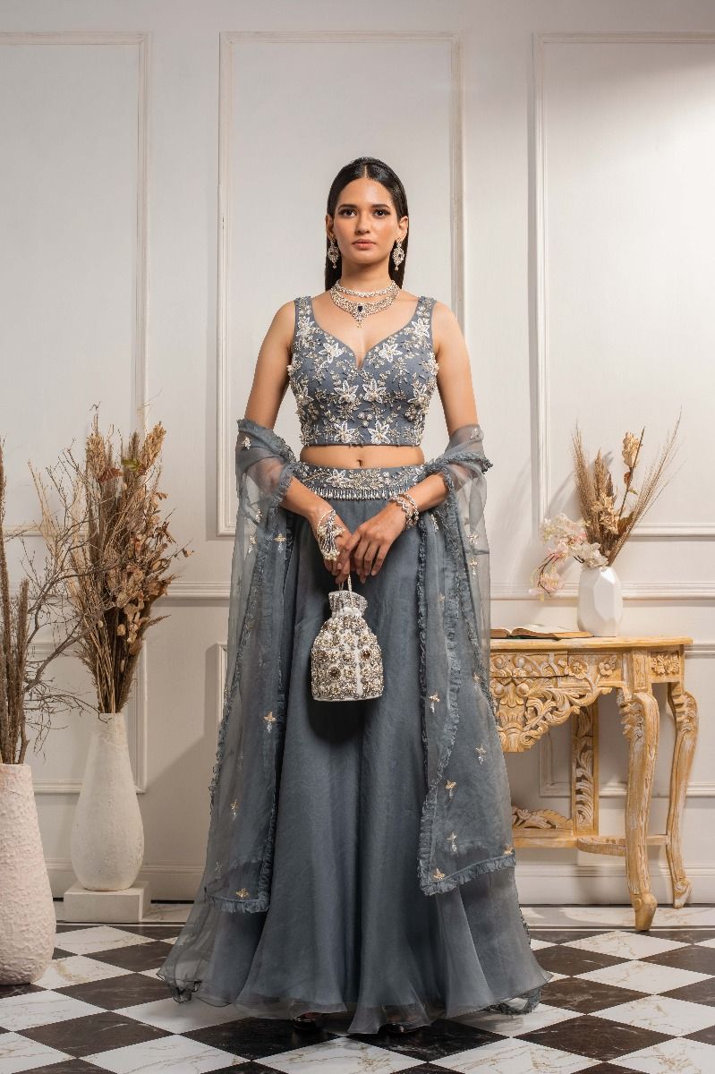GREY EMBELLISHED CHOLI LEHENGA SET