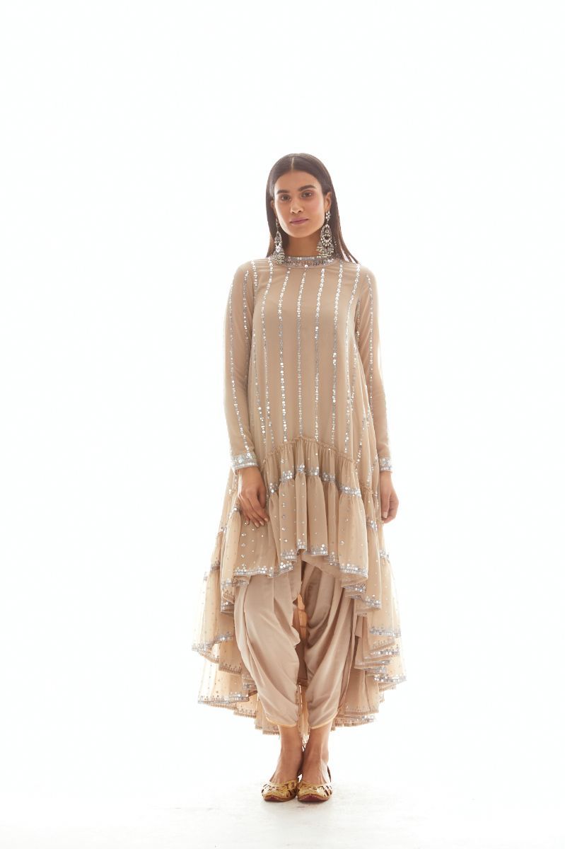 BEIGE TIERED KURTA SET WITH PANTS