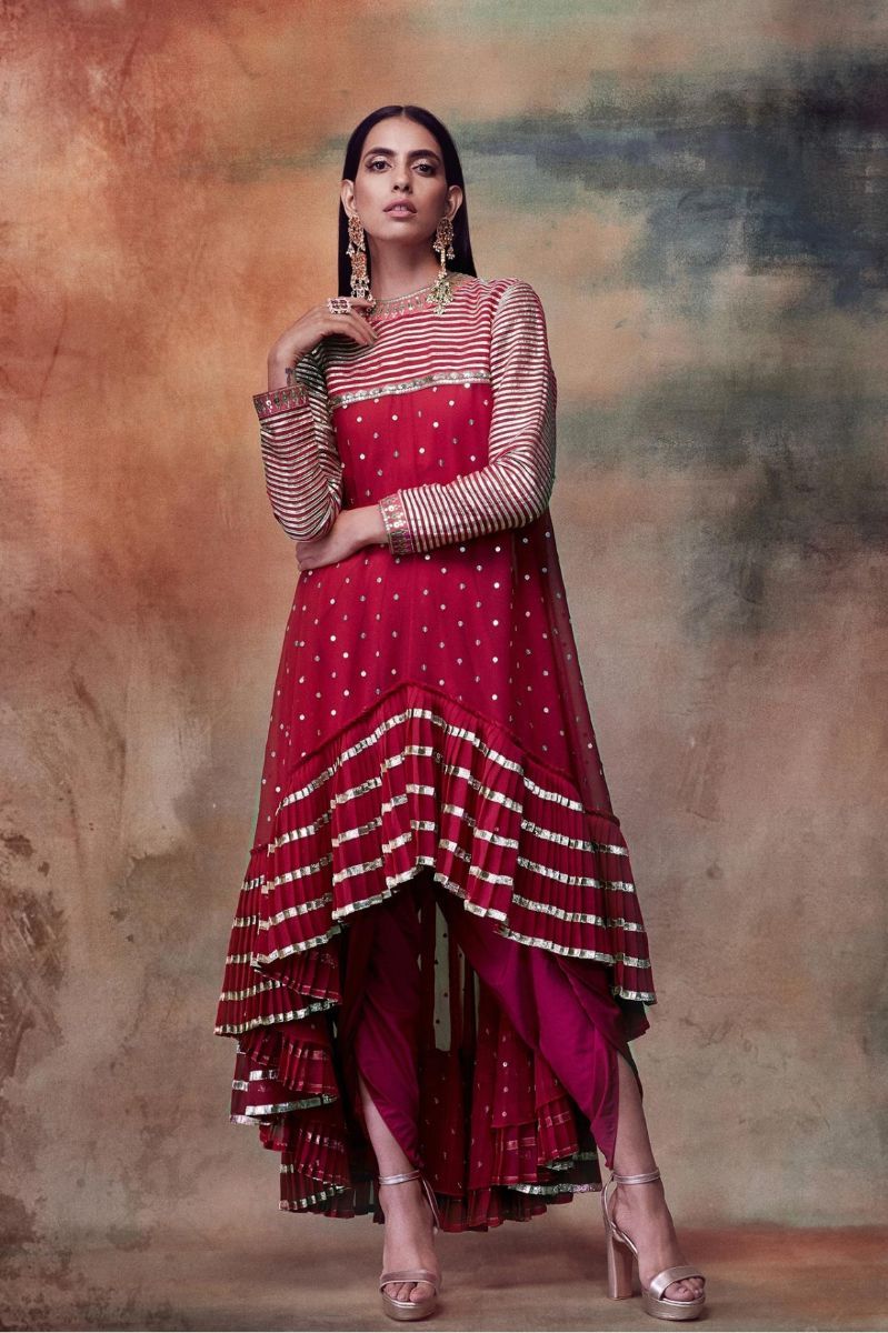 CRIMSON RED HIGH LOW KURTA DHOTI SET