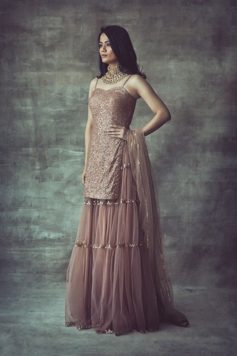 LIGHT BROWN SPAGHETTI SHARARA SET