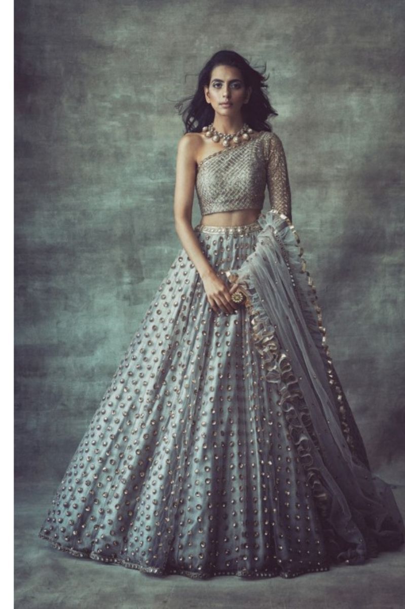 LIGHT GREY ONE SLEEVE LEHENGA SET